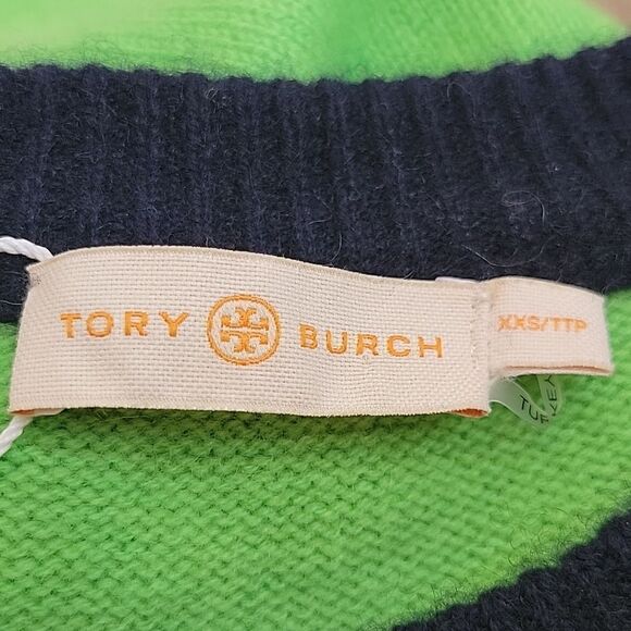 TORY BURCH Cashmere Spring Green and Navy Crewneck Sweater Size XXS NWT - Picture 8 of 11